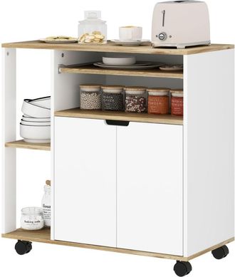 STILVORA Carro De Cocina Con 2 Puertas, 3 Huecos Abiertos, Estante Ajustable Y Ruedas, De Madera, 80 X 40 X 82 Cm, Madera Natural