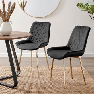 Furniturebox Set of 2 Pesaro Luxury Soft Touch Diamond Pattern Velvet Dining Chairs With Gold Chrome Metal Legs in Black