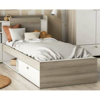 Dmora Cama Individual Agout, Sommier Para Dormitorio, Estructura De Cama Por Habitaci&oacute;n, Estructura Del Sostenedor Del Colch&oacute;n, 227x125 H91 Cm, Roble Y Blan