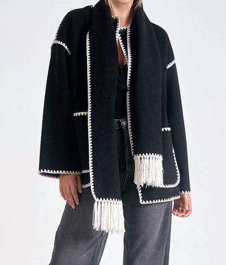 Elan Olivia Coat With Detachable Fringed Scarf In Black