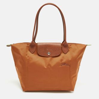Longchamp Le Pliage Long Handle M Brown Leather And Nylon