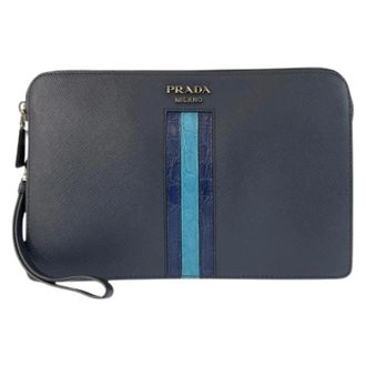 Prada Pre-owned Saffiano Leren Clutch Tas - Heren - Pre-owned - Blauw - Maat: ONE Size Leer