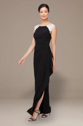 Alex Evenings Maxi Dress Womens Black Embroidered Ruched Side Slit KFC329