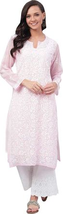 ADA Womens Georgette Tunic Kurta with Camisole Indian Hand Embroidered Chikan Ladies Kurti Dress A90410, 3XL, Pink