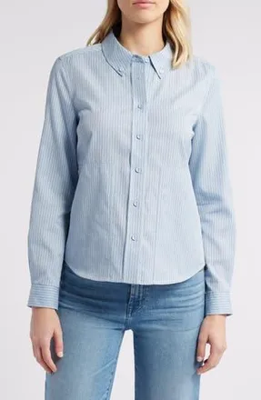 Wit & Wisdom Stripe Cotton Blend Button-Down Shirt in Light Blue /Navy at Nordstrom Rack, Size X-Small