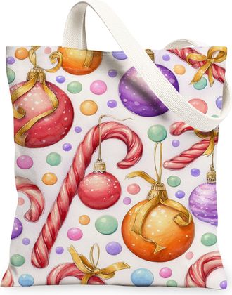 Generic Colorful Canvas Tote Bags, Fun Festive Ornament Pattern Reusable Shopping Bags, Stylish Holiday Lightweight Washable Shoulder Strap Canvas for Gifts T