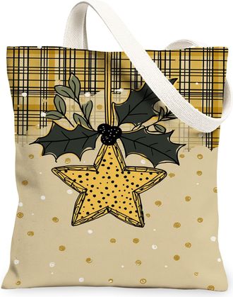 Generic Christmas Star Canvas Tote Bags, Festive Plaid Reusable Grocery Bags, Winter Rustic Chic Washable Shoulder Strap Canvas for, Yellow, 13x15 Inch