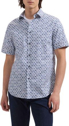 Bugatchi Orson Flamingo Print Short Sleeve Stretch Cotton Button-Up Shirt in Navy at Nordstrom, Size Xxx-Large