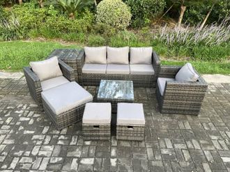 Fimous 8 Seater Wicker Rattan Garden Furniture Sofa Set with Side Table Armchair Square Coffee Table Dark Grey Mixed
