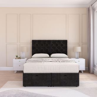 Sloomy Mayfair Plush Fabric Ottoman Bed End Opening With Sprung Memory Mattress & 54 Inch Floorstanding Headboard in Black | Size: Small Double