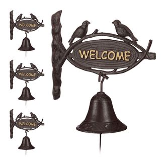 Relaxdays 4 X Campana Para La Entrada Welcome, Retro, Escudo Con P&aacute;jaros, Marr&oacute;n Oscuro
