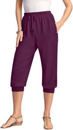 Roaman's Plus Size Soft Knit Capri Pant With Drawstring Waist in Dark Berry at Nordstrom, Size Medium