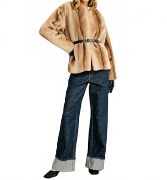 Line & Dot City Faux Fur Long Sleeve Jacket In Beige