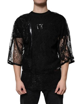 Dolce & Gabbana Black Nylon Floral Lace Crew Neck Mens T-shirt