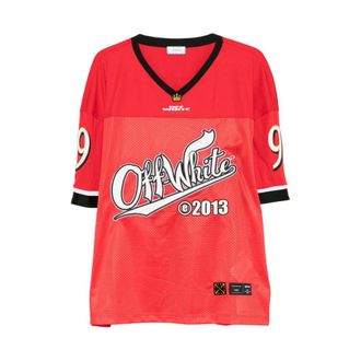 Off-white Red Mesh V-Neck T-shirt with Number Print