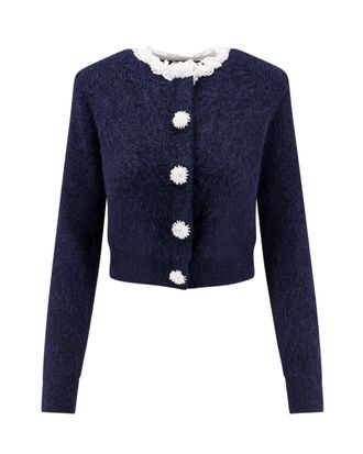 Self Portrait Cropped Floral Appliqu&eacute; Alpaca-Blend Cardigan