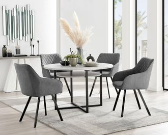 Furniturebox Adley Grey Concrete Effect Round Dining Table & 4 Falun Black Leg Fabric Chairs in Dark Grey