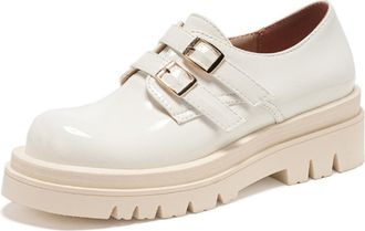 Generic Womens Loafers with Double Buckle Patent Upper Chunky Platform Round Toe Textured Sole Slip-On Casual and Dress Ready Design,White,6.5 UK