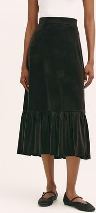 Finery Joline Velvet Tiered Midi Skirt in Black at Nordstrom, Size 14