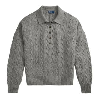 Polo Ralph Lauren Pullover van scheerwol en kasjmier met kabelpatroon en polokraag - Dames - Ronde hals truien - Grijs - XS - Wol - Truien & Vesten