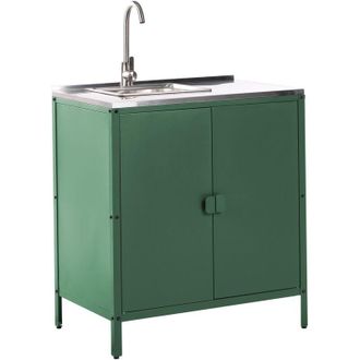 Beliani Cocina Exterior De Acero Con Fregadero Monomando 2 Puertas En Acero Inoxidable Verde Vilama