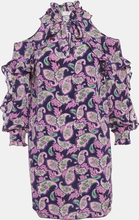 Sandro Purple Printed Silk Ruffled Cold-Shoulder Dress