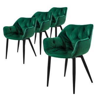 ML Design Ml-design - Set 4x Sillas De Comedor Con Respaldo Y Reposabrazos Asiento Verde Oscuro Tapizado Con Funda De Terciopelo Patas De Metal Sill&oacute;n Dise&ntilde;o Er