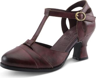 L'Artiste by Spring Step Altamira T-Strap Heels | Baroque-Inspired Leather Pumps with Cutout Details, Bordeaux, 9.5-10