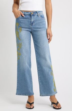 1822 Denim Floral Embroidered Wide Leg Jeans in Kenmore at Nordstrom, Size 12
