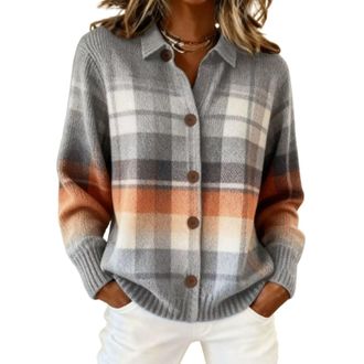 Generic Womens Plaid Print Casual Cotton Buttoned Cardigan Sweater, Plaid Knitted Cropped Cardigan Sweater Fall Winter Cardigans for Women