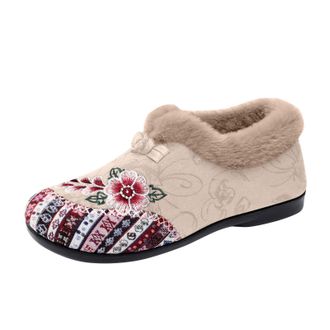 Generic Winter Shoes For Women Uk Warm Plush Embroidered Slip On Flat Sneakers Cozy Comfortable Everyday Casual Footwear For Fall And Winter Seasons(A-Khaki,9