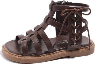 Generic Kids Girls Gladiator Sandals PU Leather Non-Slip Open Toe Princess Dress Shoes Side Zipper Lightweight Strappy Flat Summer Beach School Uniform Sandal