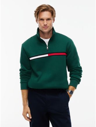 Tommy Hilfiger Mens Flag Stripe Logo Quarter-Zip Sweatshirt - Ornamental Green - XXXL