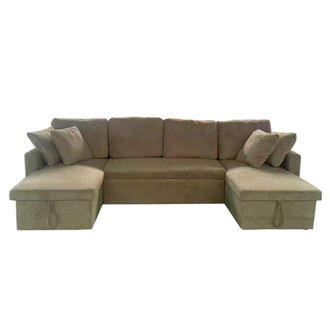 Concept Usine Sof&aacute; panor&aacute;mico cama con ba&uacute;l de 4 plazas en terciopelo a cuadros verd