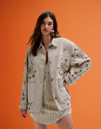 Asos Giacca in vero camoscio color pietra ricamata-Nessun colore