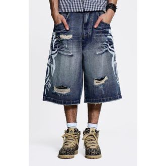 Jaded London Blade Colossus Crop Wide Leg Denim Shorts in Blue at Nordstrom, Size 38
