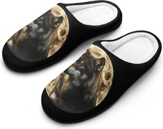 Generic Wolf And Moon Mens House Slippers Memory Foam Washable Cotton Slip on Home Shoes