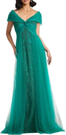 Tadashi Shoji Lace & Tulle Gown in Emerald at Nordstrom, Size 14