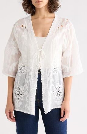 Forgotten Grace Floral Embroidered Tie Front Cardigan in White at Nordstrom Rack, Size X-Large