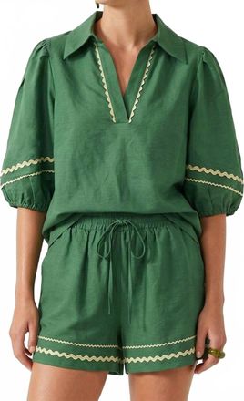 Naked Zebra Contrast Trim Puff Sleeve Linen Blouse In Teal