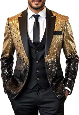 Generic Sequin Blazer for Men Glitter Tuxedo Party Prom Wedding Tuxedo Slim Fit Notched Lapel Sparkly Suit Jacket Black
