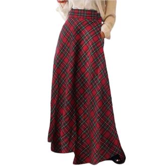 Generic Womens Vintage Plaid Maxi Skirt High Waist Tartan Pleated A Line Long Skirt, Waist Full Length Maxi Dress with Pockets (Red,2XL)