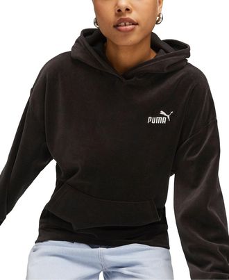 Puma Essential Elevated Velour Hoodie Womens Black Logo Pullover GBO125