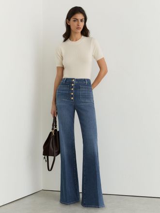 Reiss Mid Blue Petite Twin-pocket Button Flared Jeans, 26