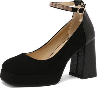 Generic Womens Round Toe Pumps Suede Snakeskin Pattern Block Heel Platform Adjustable Ankle Strap Rhinestone Charm Cushioned Insole Anti-Slip Durable Sole,Bla
