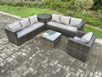 Fimous Rattan Garden Furniture Sofa Set with Armchair Square Coffee Table Side Table Indoor Outdoor 7 Seater Rattan Set in Dark Grey