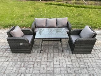 Fimous Rattan Wicker Garden Furniture Patio Conservatory Sofa Set with Rectangular Dining Table Reclining Chair in Dark Grey