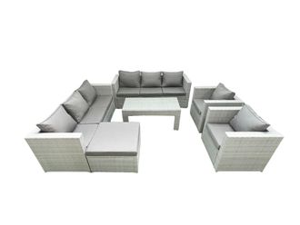Fimous Outdoor Garden Furniture Rattan Sofa Set with 2 Armchairs Oblong Coffee Table Big Footstool Light Grey Mixed