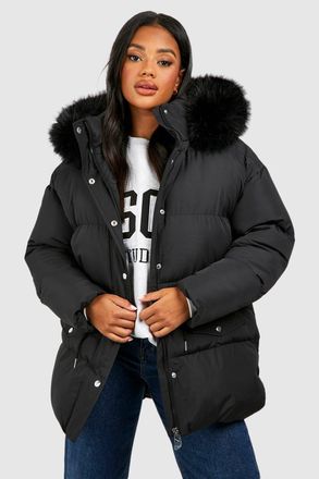 Boohoo Womens Faux Fur Trim Parka - Black - Size 12 UK