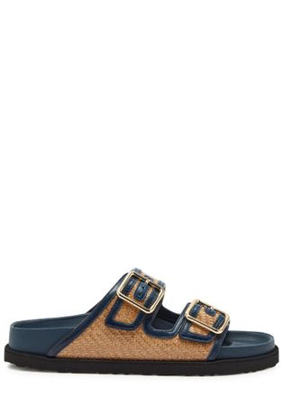 Birkenstock Arizona Framed Raffia and Leather Sliders - Navy - 36 (IT36/ UK3)